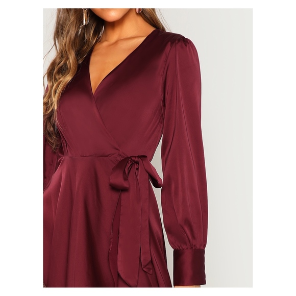 Burgundy High Low Wrap Satin Party Maxi Dress - Picture 4 of 6